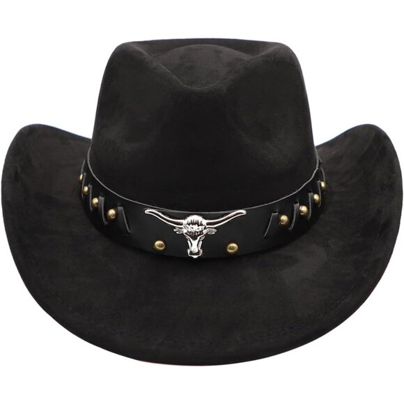 Unisex Black 100% Polyester Western with Bull Skull Buckle Band Felt Cowboy Hat - Picture 2 of 5
